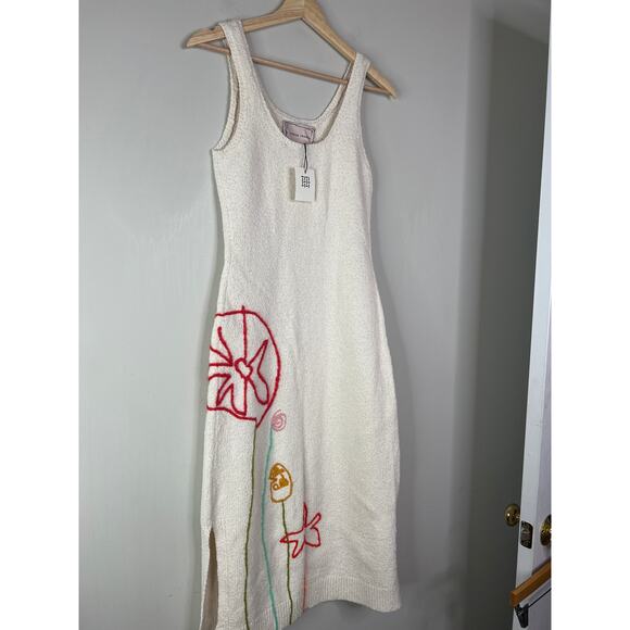 NWT Lingua Franca Jane St. Garden Hand-Embroidered Slim Fit Midi Dress Cream - Picture 3 of 8